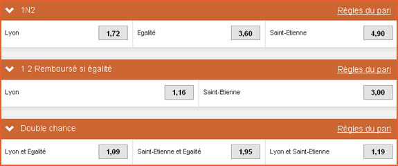 Pari « double chance » du PMU sur le match Lyon - Saint-Étienne comparé à notre pari maison