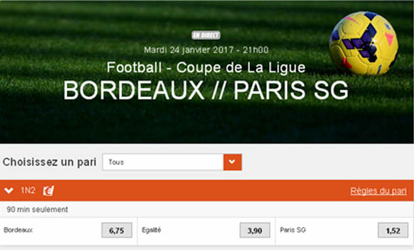 Exemple de cash-out sur le pari 1N2 Bordeaux-PSG en Coupe de la Ligue